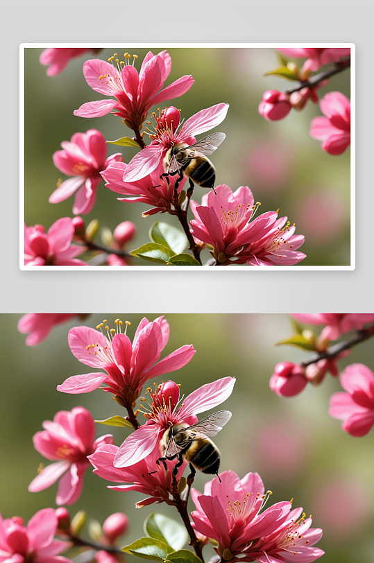 一只蜜蜂海棠花中授粉图片