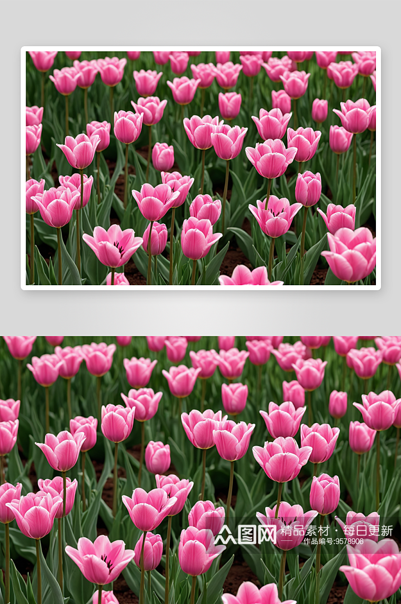 一片粉红色郁金香花园中绽放图片素材