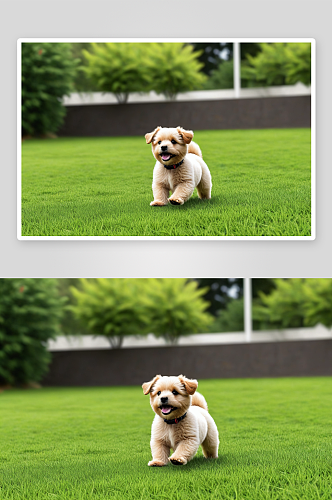 一只草地上玩耍泰迪犬图片