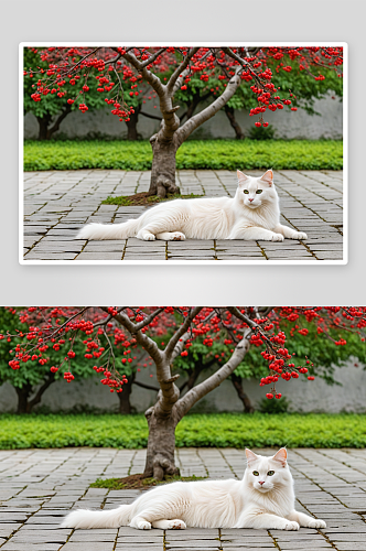 一只红色梅花树下乳白长毛猫图片