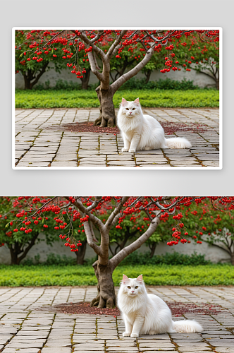 一只红色梅花树下乳白长毛猫图片