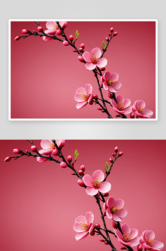 一枝盛开粉红色梅花红色背景图片
