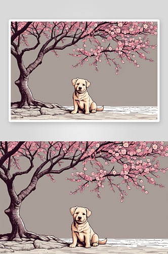 一只坐梅花树下泰迪犬图片