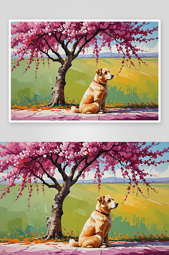 一只坐梅花树下泰迪犬图片