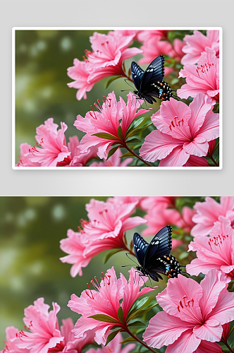 一只停粉色杜鹃花上黑色蝴蝶图片