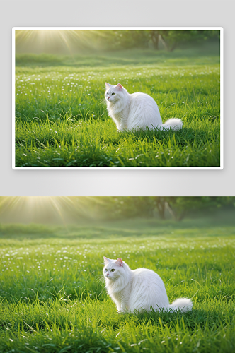 一只绿色草地上乳白长毛猫图片