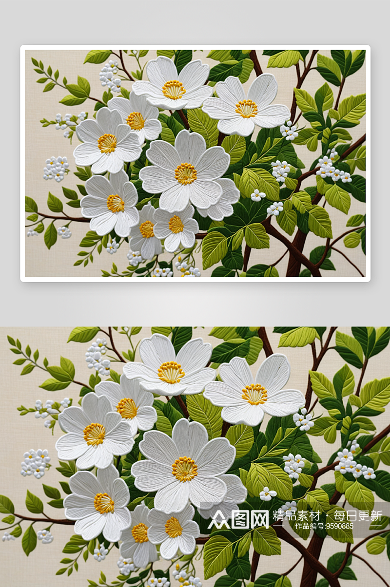 一树白色绣团花图片素材