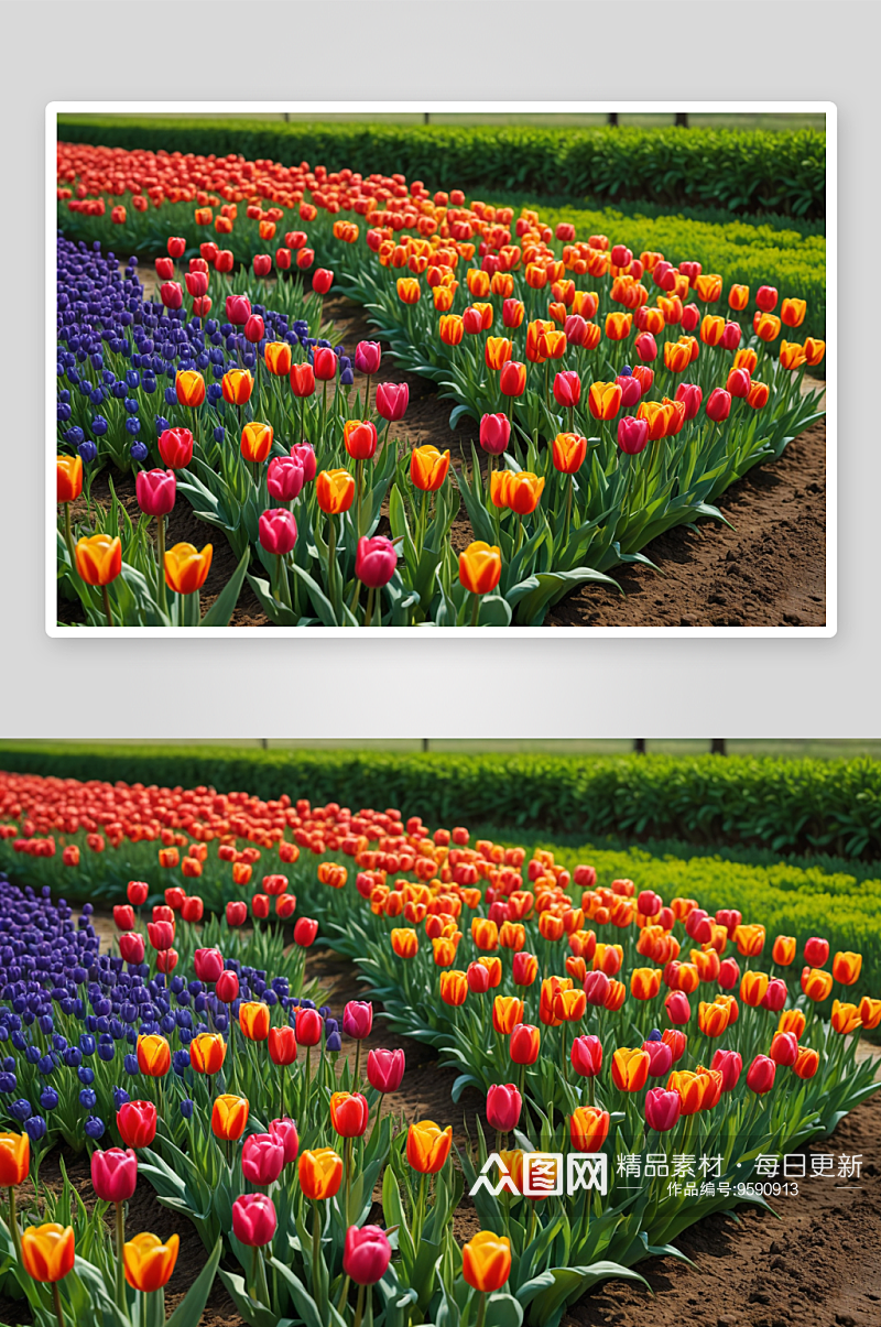 一排彩色郁金香花丛图片素材