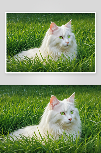 一只绿色草地上乳白长毛猫