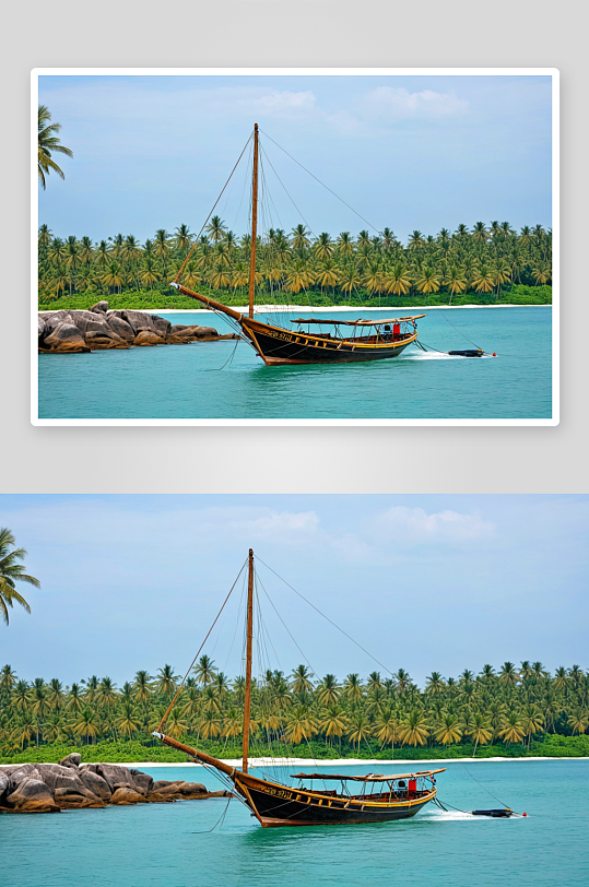 海小船靠椰子树高清特写图片