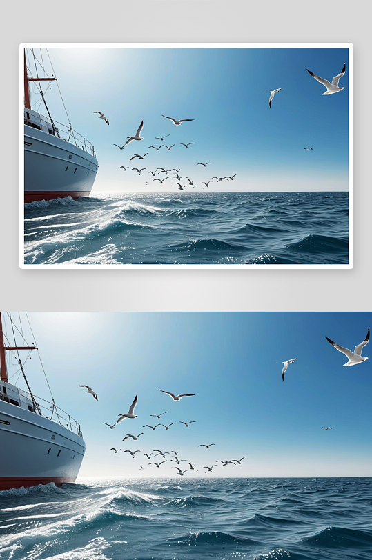 海鸥绕着船飞高清特写图片