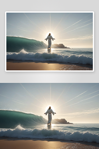 海边耶稣光高清特写图片