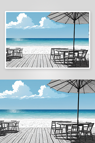 海边沙滩伞下空木桌图片