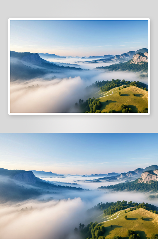 地质公园夏季晨雾航拍风光图片