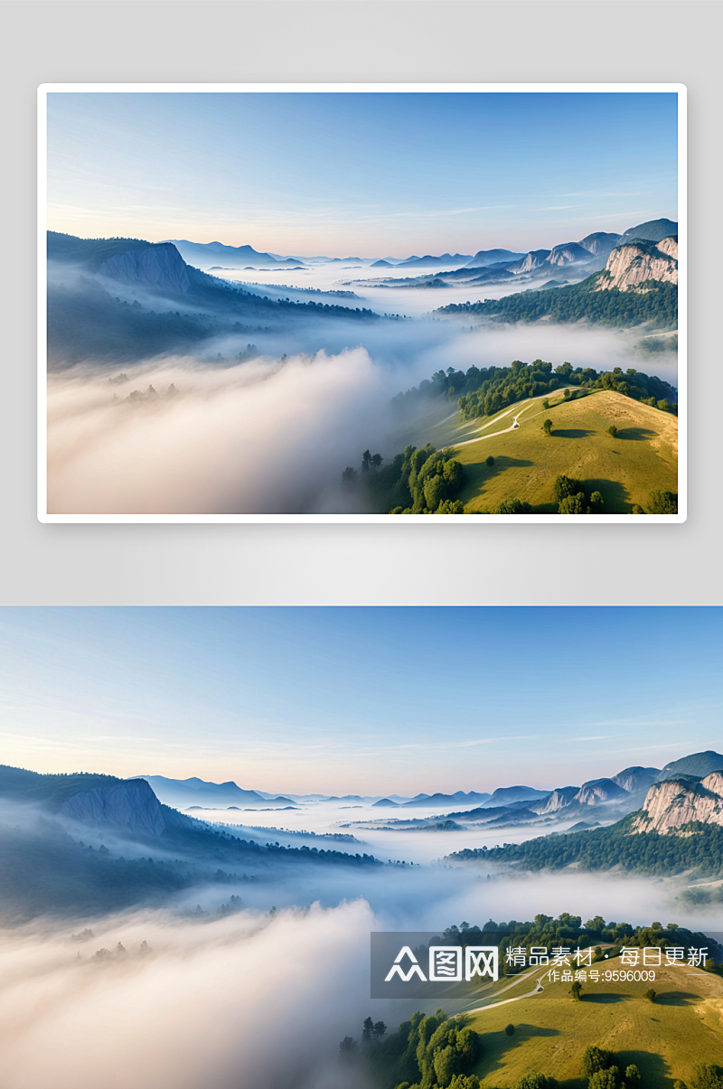 地质公园夏季晨雾航拍风光图片素材