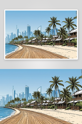 大东海风光海边沙滩椰树城天际线木栈道图片
