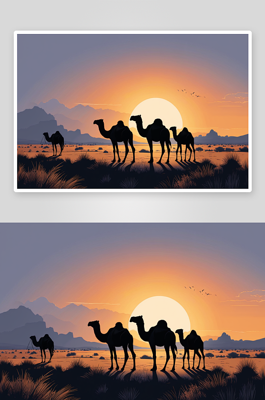 草原骆驼晚霞日落图片