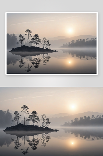 薄雾缭绕黎明里湖边山孤树图片