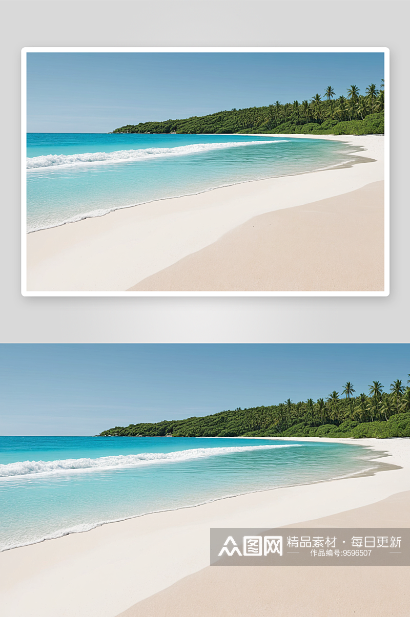 白色沙滩蓝色天空蓝绿色海水图片素材