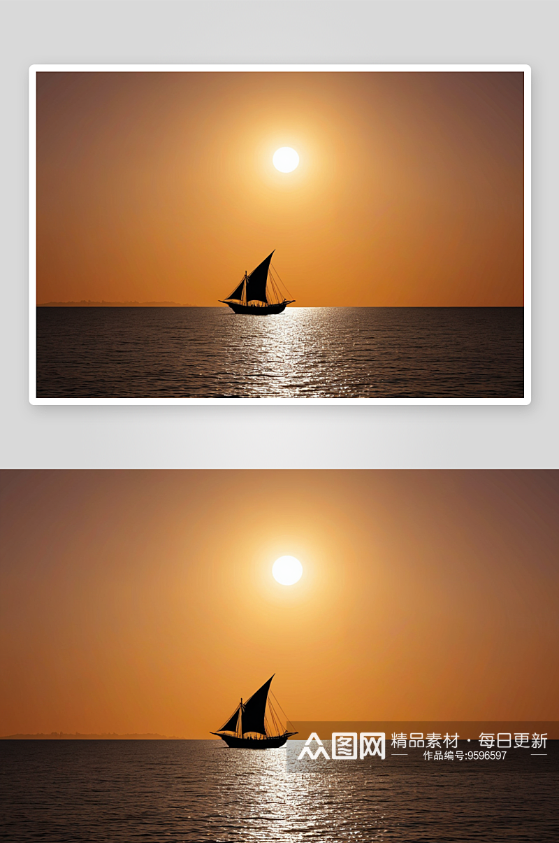 日落时分传统木制独桅帆船剪影图片素材