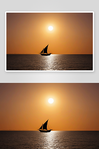 日落时分传统木制独桅帆船剪影图片