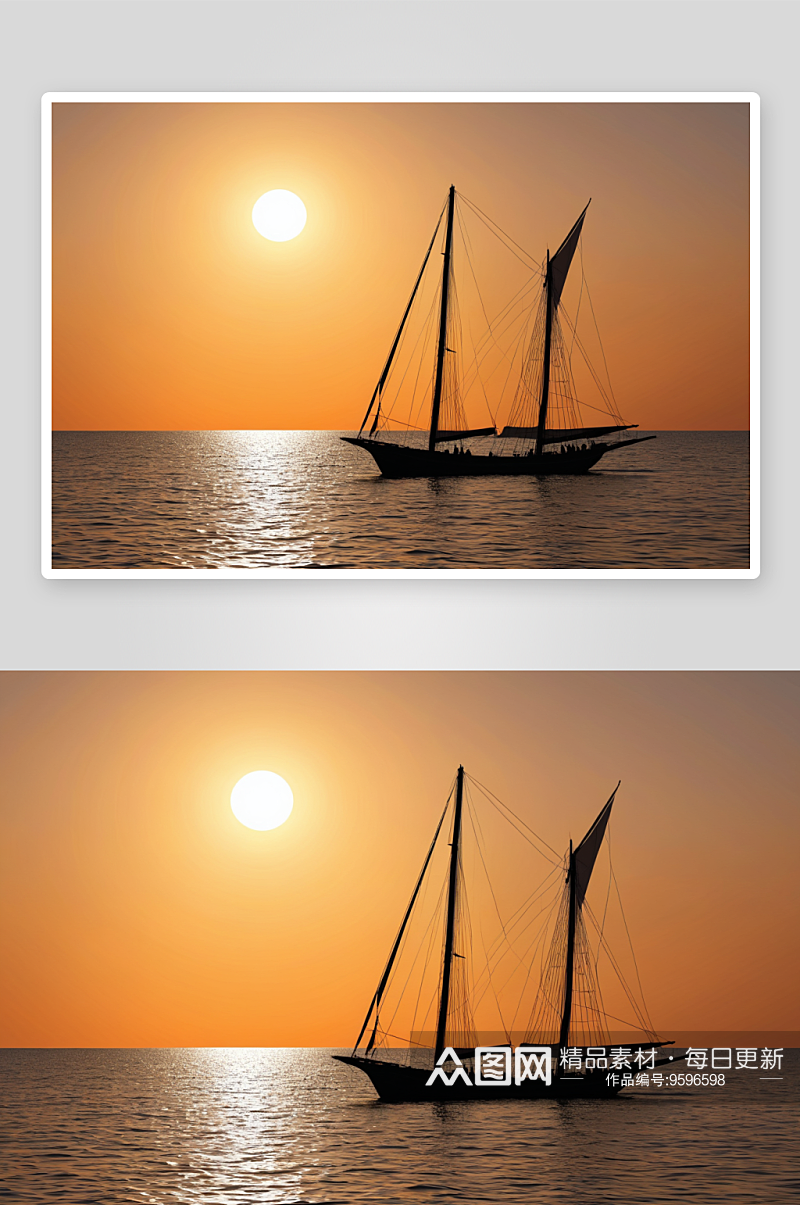日落时分传统木制单桅帆船剪影图片素材