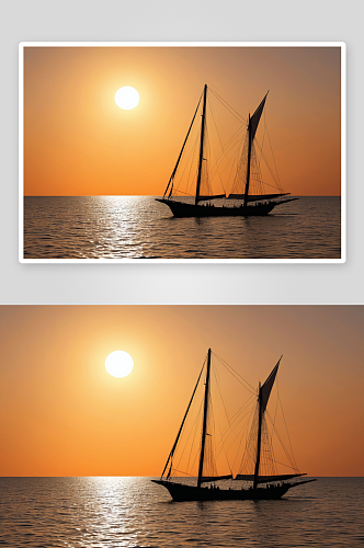 日落时分传统木制单桅帆船剪影图片