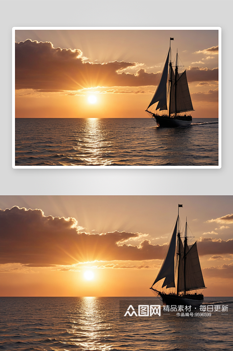 日落时帆船海逆天航行剪影高清特写图片素材