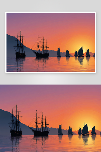 日落时帆船海对着天空剪影图片