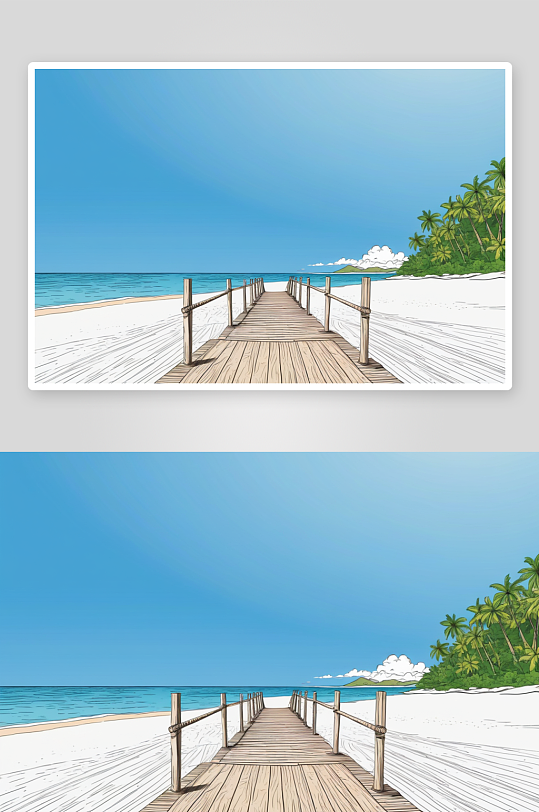 木制人行桥热带海滩背景图片