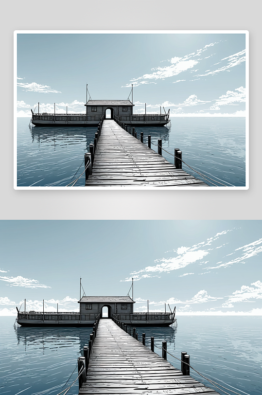 木桥码头船大海里灿烂天空高清特写图片