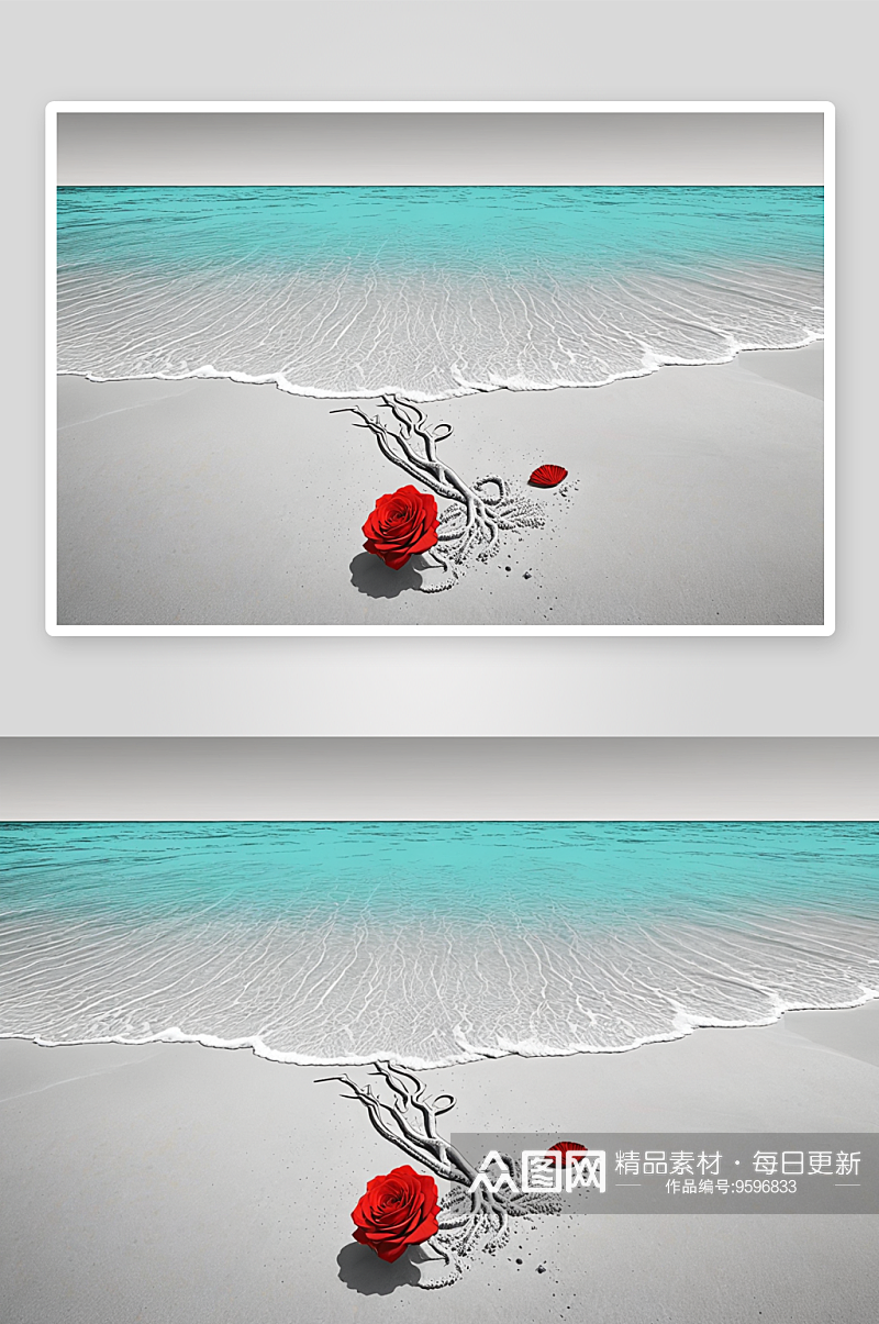 绿松石海珊瑚沙浮潜设备红玫瑰图片素材