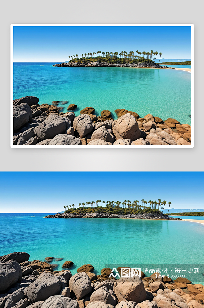 蓝色洋观蓝色水天空岩石海滩海岸棕榈树图片素材
