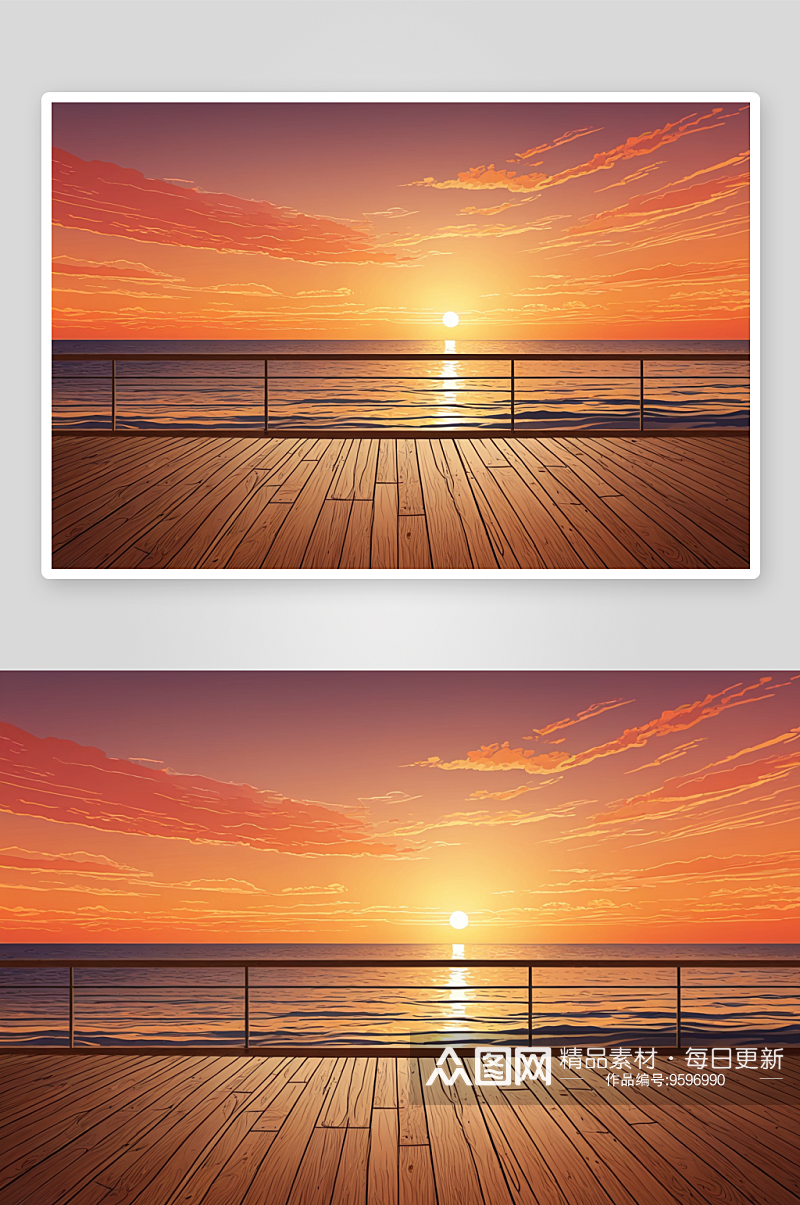 空木制阳台海边日落天空自然背景图片素材