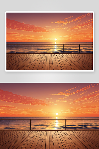空木制阳台海边日落天空自然背景图片