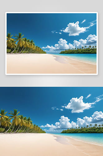 空旷热带僻静沙滩椰子树映衬着蓝天白云图片