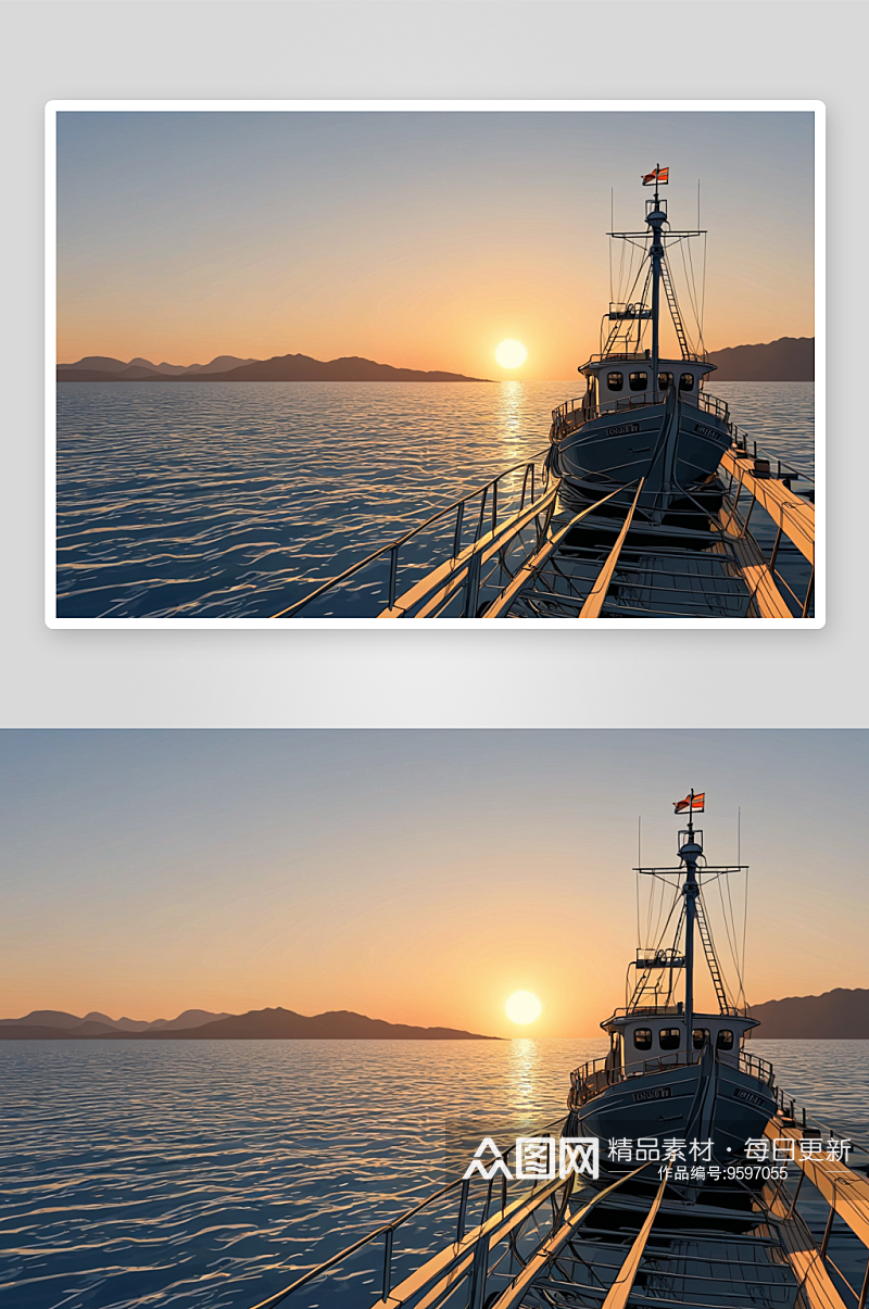 进入港口船背面看日出高清特写图片素材