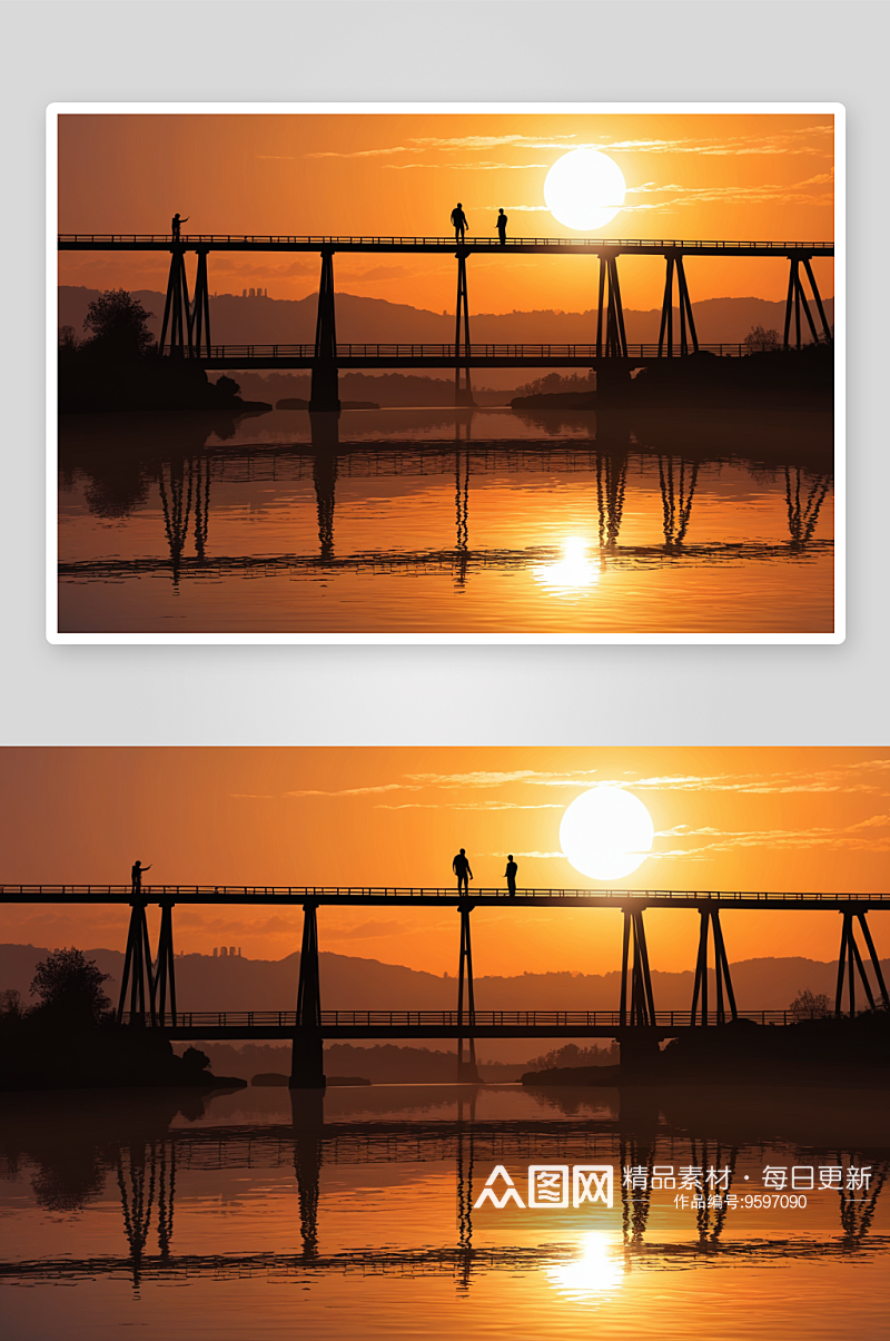 剪影人桥河对天空日落图片素材