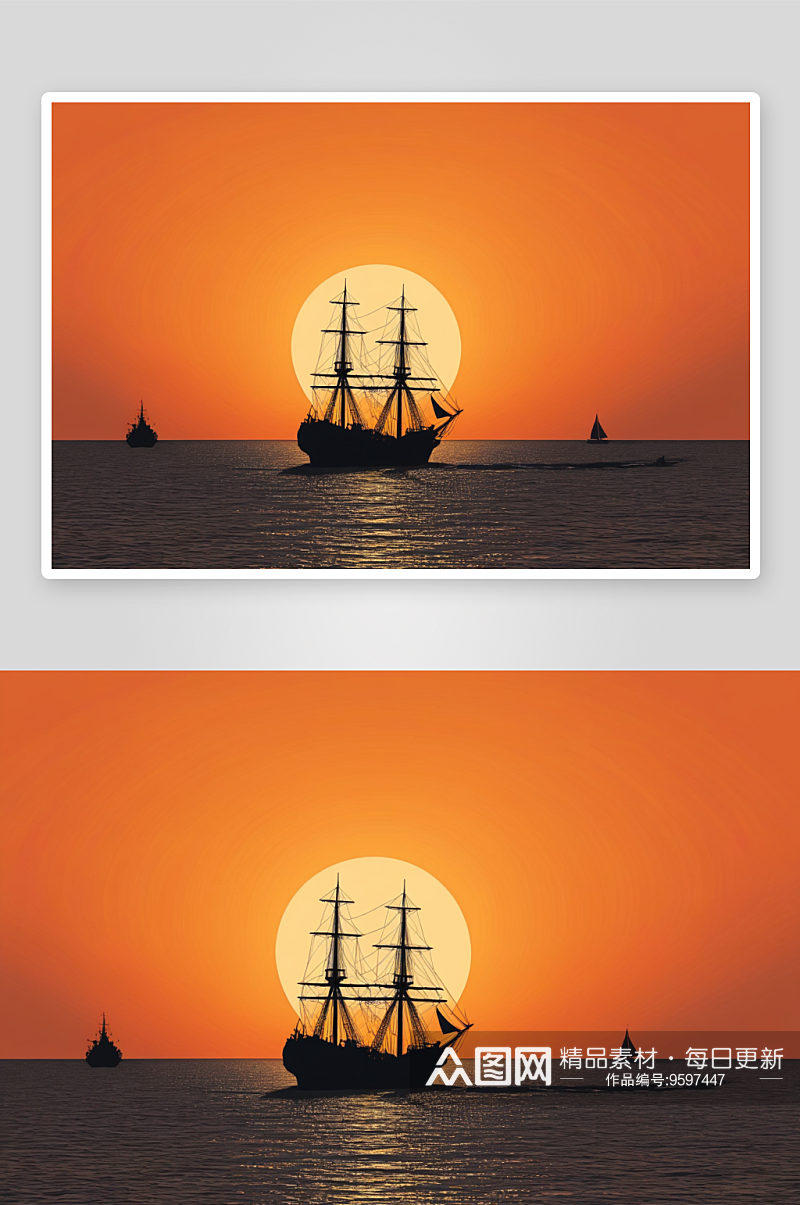 船海剪影映衬着橙色天空图片素材