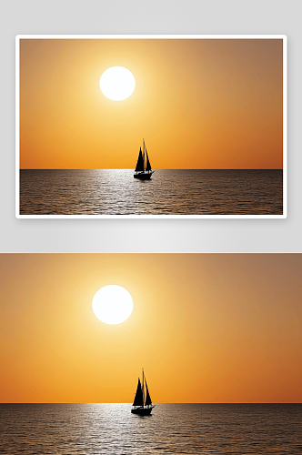 传统木制单桅帆船剪影日落图片