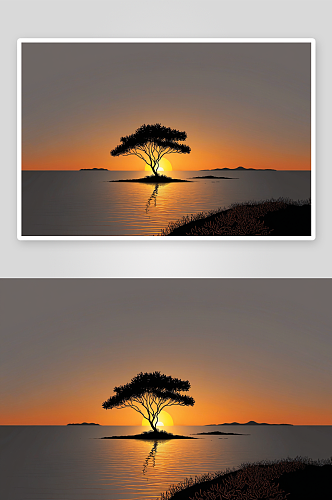 橙色夕阳一个小岛小灌木丛后面图片