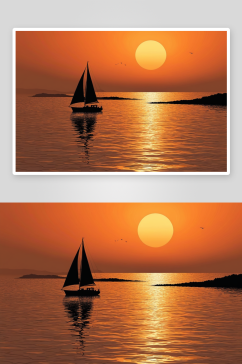 橙色天空下海帆船剪影高清特写图片