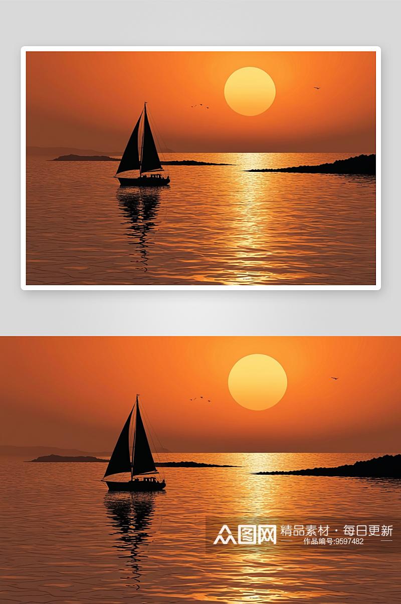 橙色天空下海帆船剪影高清特写图片素材