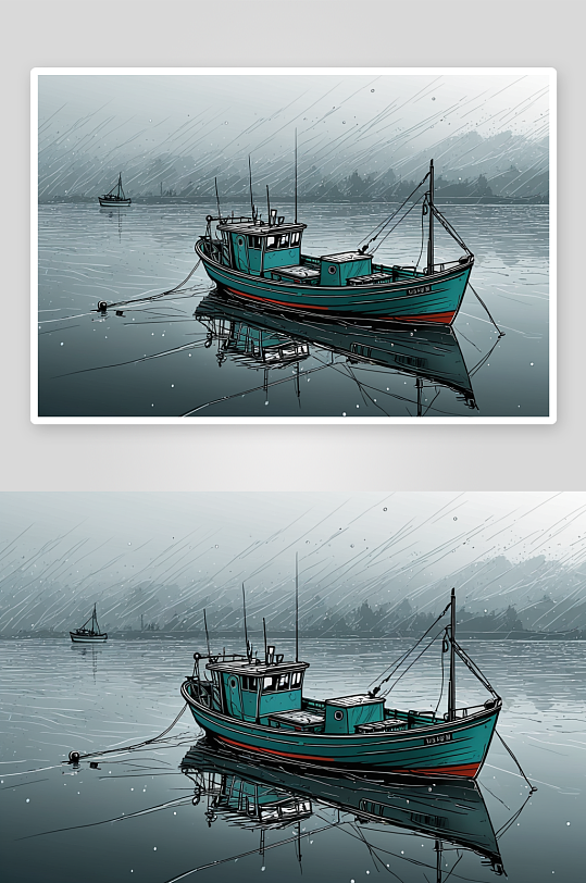 渔船一个雨天出发钓鱼高清特写图片