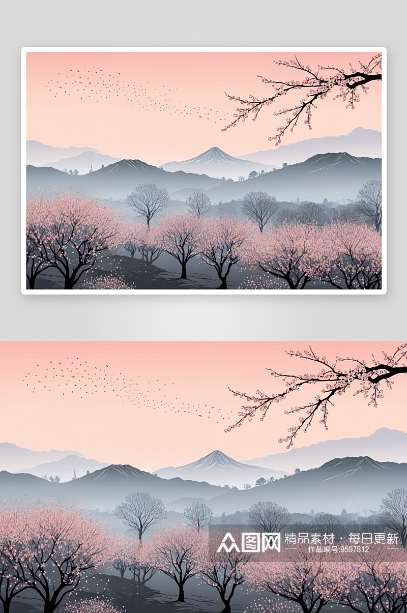 樱花茶园早晨天空出现丁达尔现象图片素材
