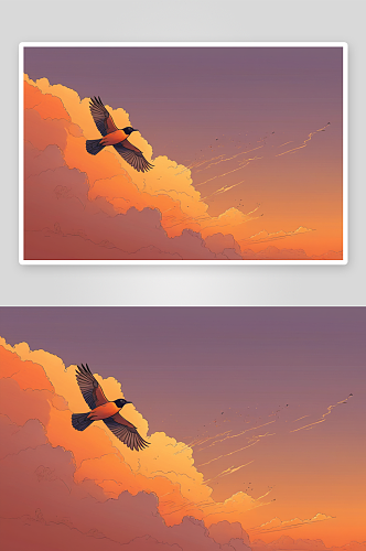 一只鸟橙色日落云彩中飞翔图片