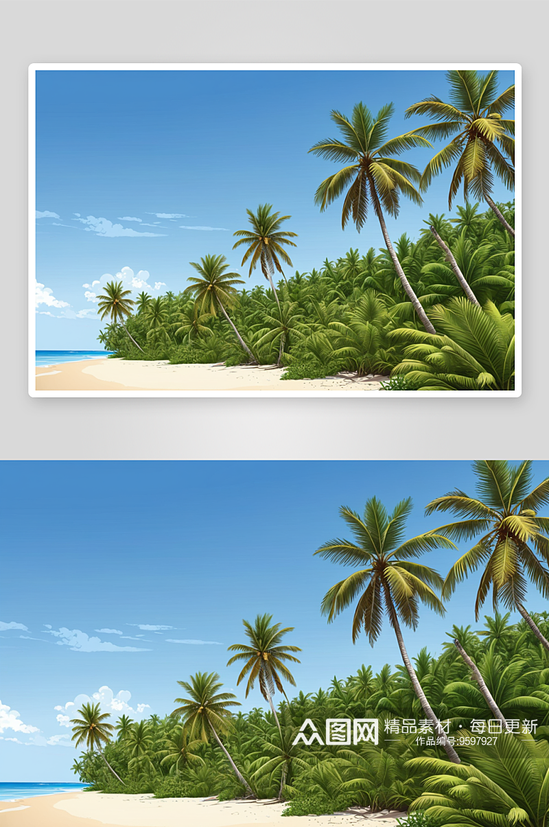 椰子树丛林树叶热带僻静沙滩映衬着蓝天图片素材