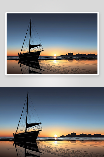 太阳升起前沙滩帆船高清特写图片