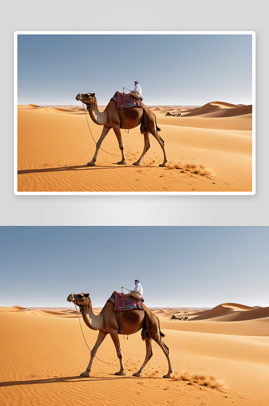 沙特晴朗天空下单峰骆驼沙漠中行走图片
