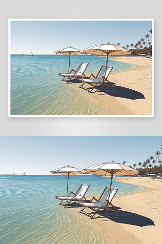 沙滩有遮阳伞躺椅图片